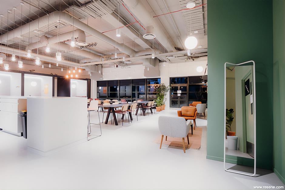 Green and white office dining room