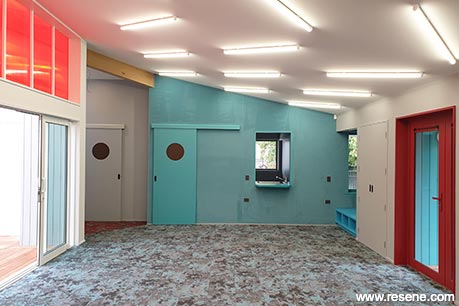 Blue, grey, and red school interior