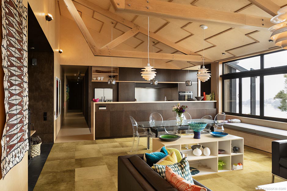 Black and light timber - lounge and kitchen