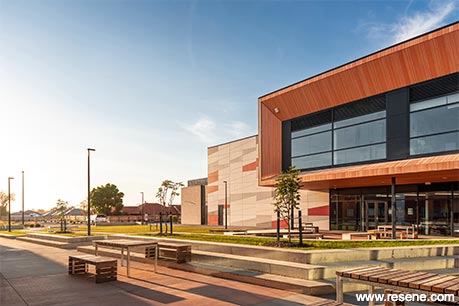 Red, grey, and white school exterior