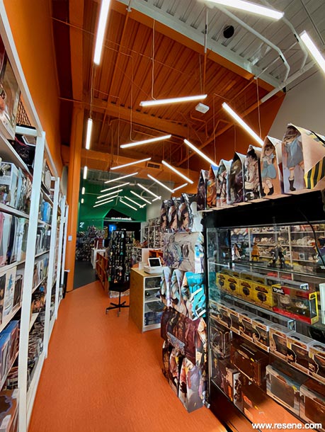 Orange, white, and green store interior