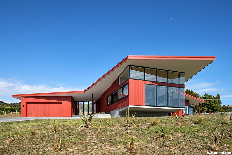 A red and white farmhouse exterior