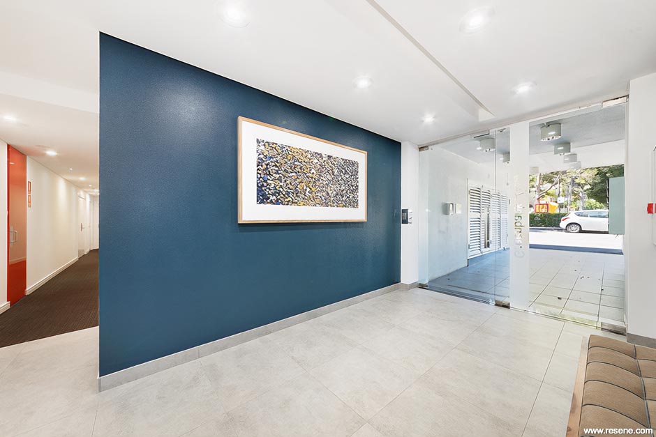 Blue, white, and red lobby