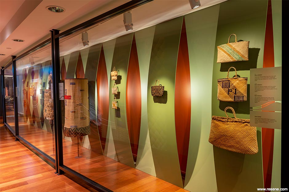 Green and red museum display