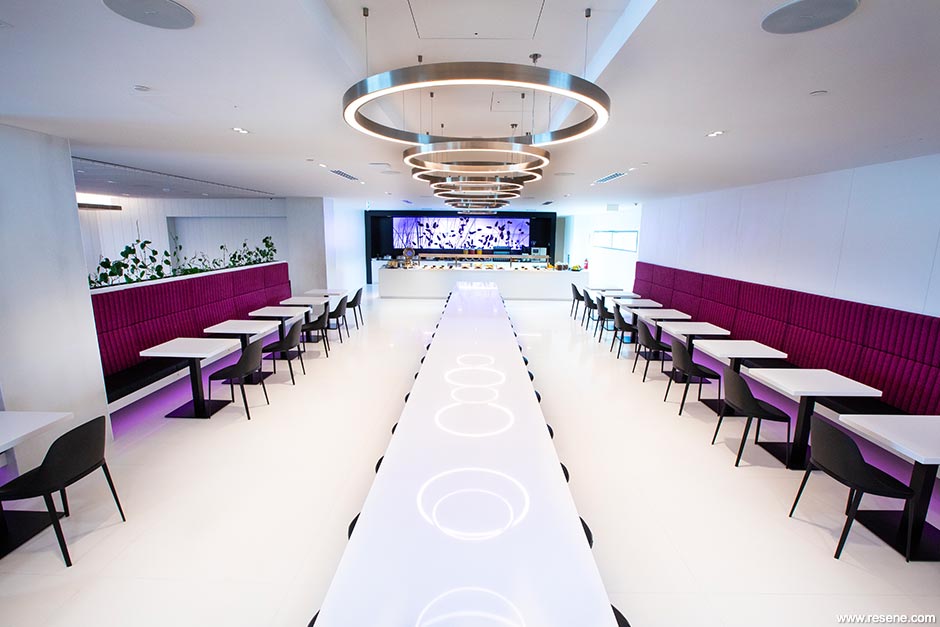 White and purple dining area