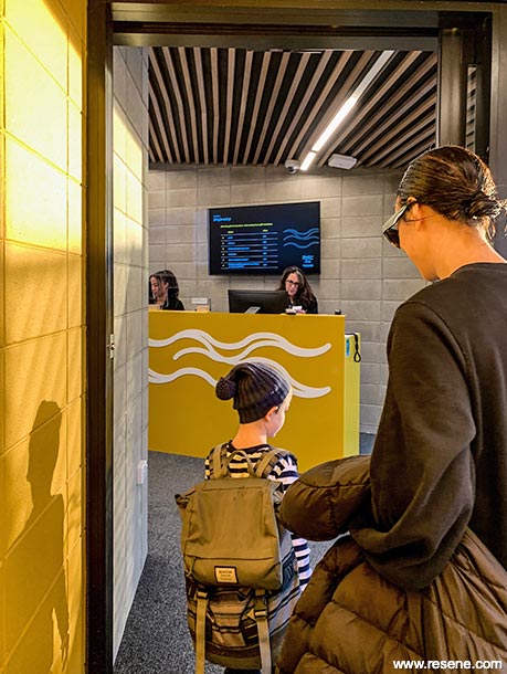 Yellow and white reception area