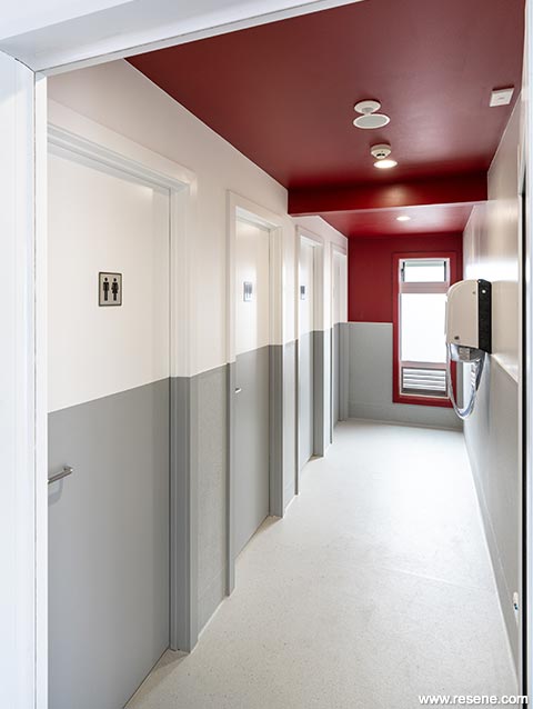 Huapai District School – Block 2 Refurbishment, red ceiling/hall view