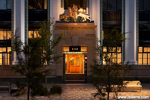 The Public Trust Building - facade at dusk