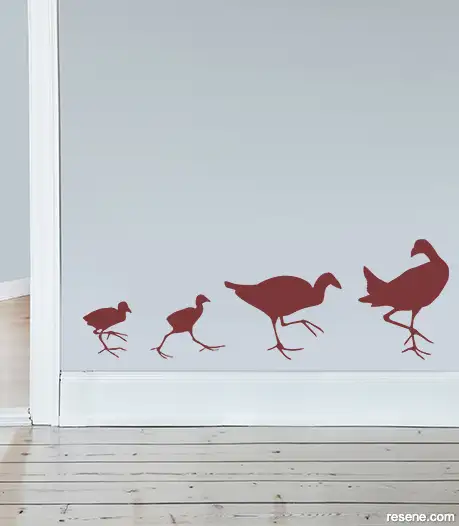 Bird Walk decal in Resene Pohutukawa