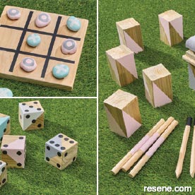 Make outdoor games, kubb, noughts and crosses and yardzee